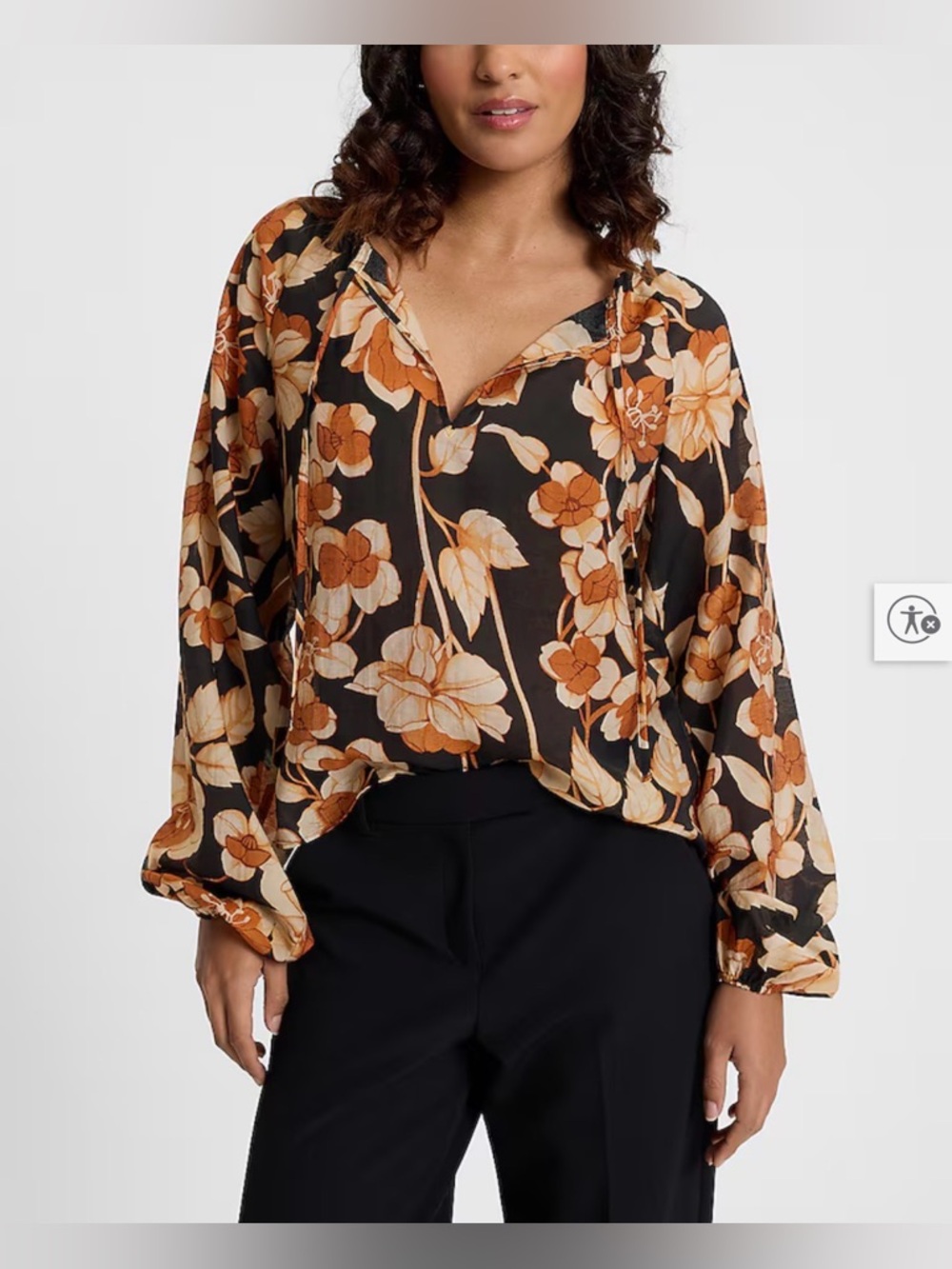 NWT Express Black Floral V Neck Tie-Front Blouse W/ Orange Cream Flowers